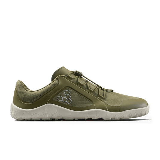 Vivobarefoot Primus Trail III All Weather FG Mens Dark Olive/White side view sneakers