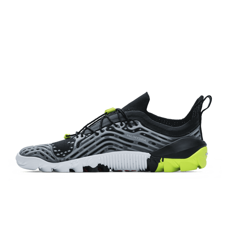 Load image into Gallery viewer, Vivobarefoot Hydra ESC Mens Barefoot Swimrun Shoes – Obsidian/Safety Yellow side view showcasing grip and drainage features.
