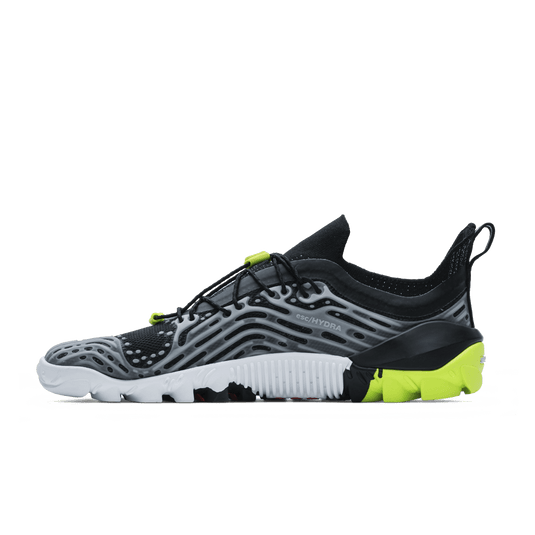Vivobarefoot Hydra ESC Mens Barefoot Swimrun Shoes – Obsidian/Safety Yellow side view showcasing grip and drainage features.