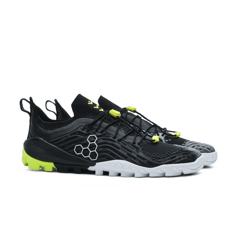 Load image into Gallery viewer, Vivobarefoot Hydra ESC Mens Barefoot Swimrun Shoes – Obsidian/Safety Yellow side view on white background
