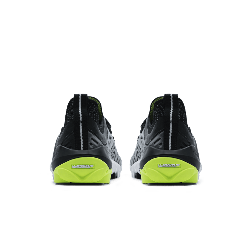 Load image into Gallery viewer, Vivobarefoot Hydra ESC Mens Barefoot Swimrun Shoes – Obsidian/Safety Yellow rear view showing grip and drainage features.
