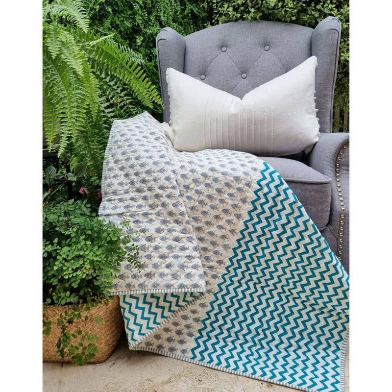 Load image into Gallery viewer, GOTS Certified Organic Cotton Reversible Baby Quilt (100x120cm) - Little Fish (Blue)
