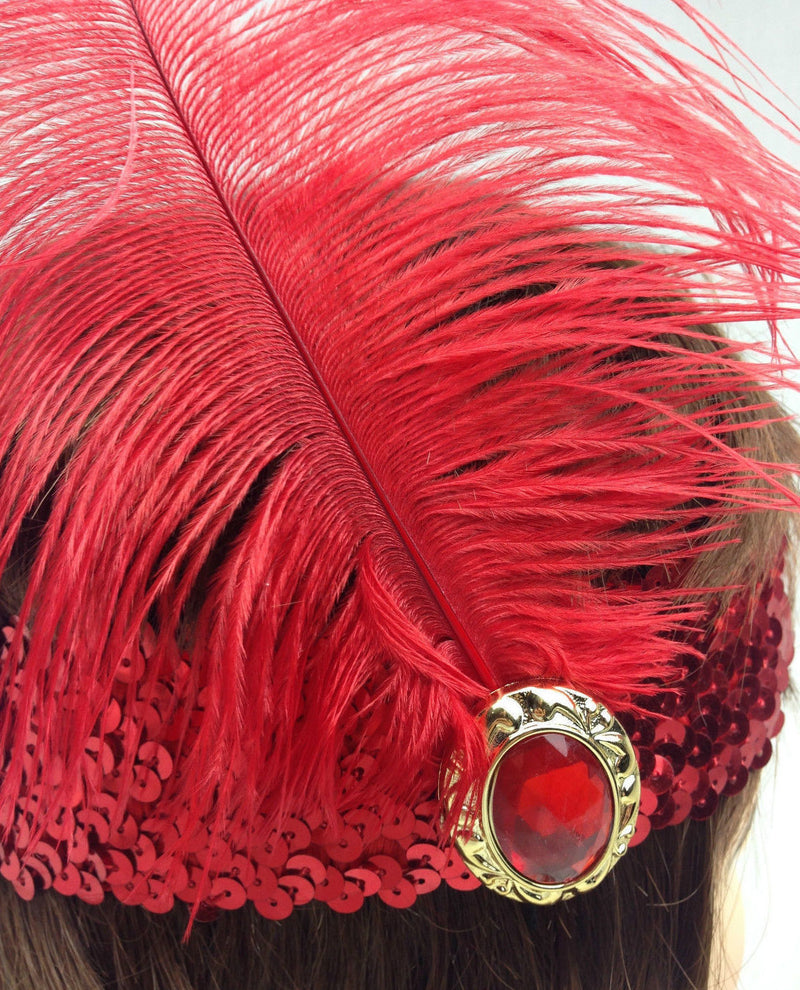 Load image into Gallery viewer, WIDE FLAPPER HEADBAND Feather Sequin Costume Gatsby Charleston Headpiece 1920s - Red
