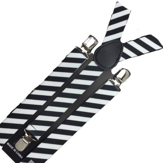 3x Mens Suspenders Braces Adjustable Strong Clip On Elastic Formal Wedding Slim - Black/White Diagonal Stripes-2