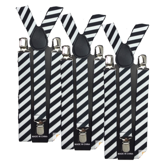 3x Mens Suspenders Braces Adjustable Strong Clip On Elastic Formal Wedding Slim - Black/White Diagonal Stripes-0