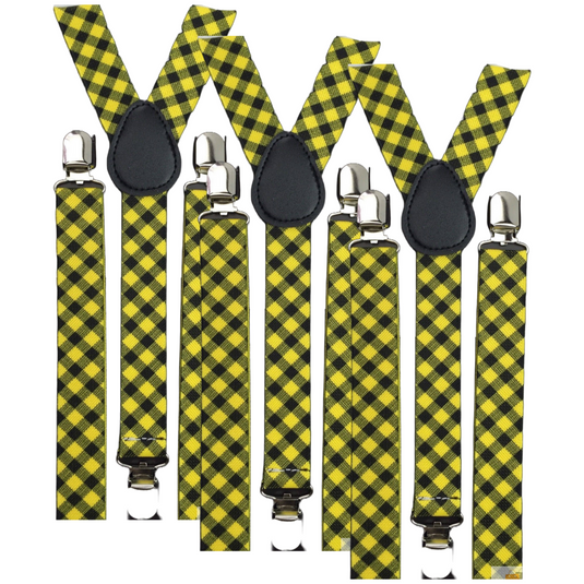 3x Mens Slim Suspenders Braces Adjustable Clip On - Black/Yellow Check-1