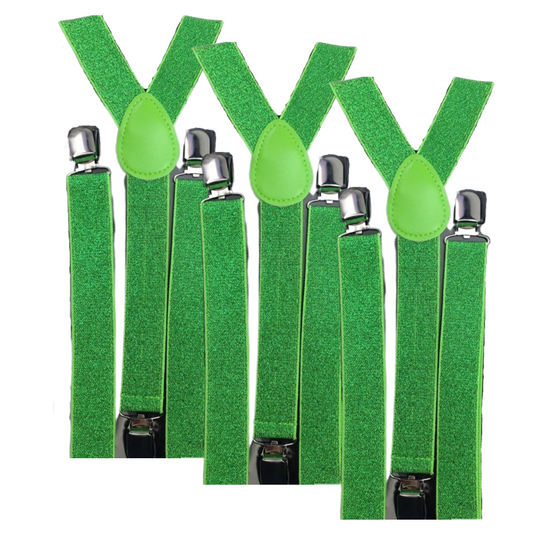3x Mens Suspenders Braces Adjustable Strong Clip On Elastic Formal Wedding Slim - Green (Glitter)-0