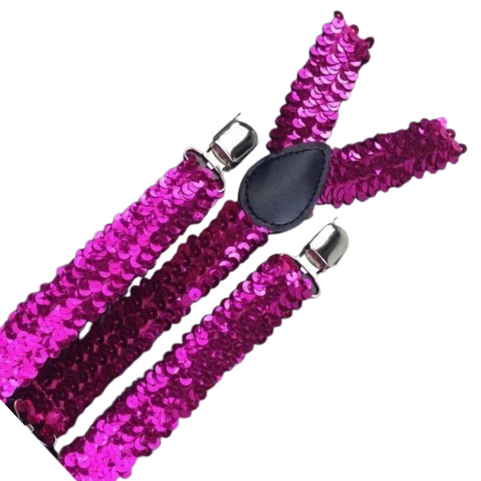 3x Mens Suspenders Braces Adjustable Strong Clip On Elastic Formal Wedding Slim - Hot Pink (Sequin)-2