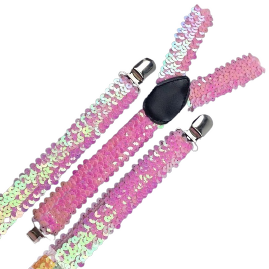 3x Mens Suspenders Braces Adjustable Strong Clip On Elastic Formal Wedding Slim - Light Pink (Sequin)-2