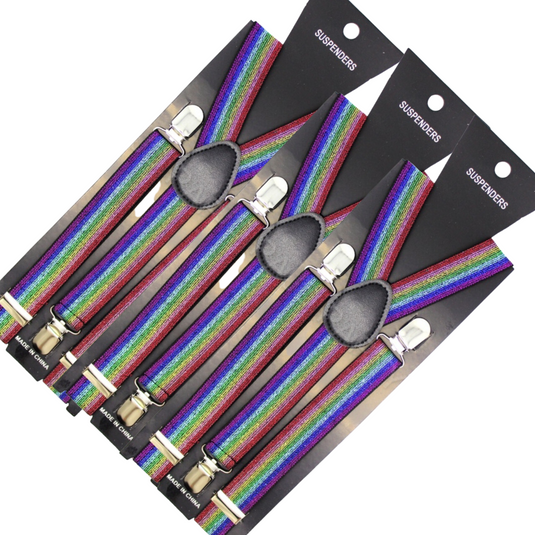 3x Mens Suspenders Braces Adjustable Strong Clip On Elastic Formal Wedding Slim - Rainbow (Glitter)-0