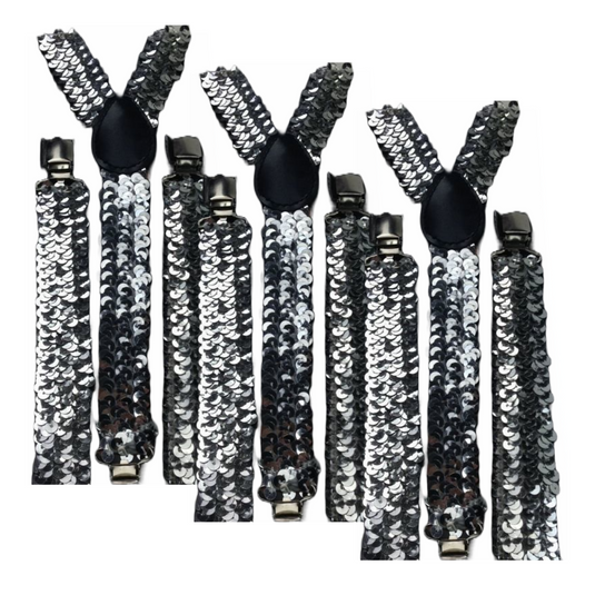 3x Mens Suspenders Braces Adjustable Strong Clip On Elastic Formal Wedding Slim - Silver (Sequin)-1