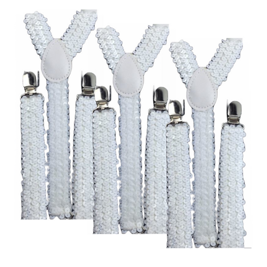 3x Mens Suspenders Braces Adjustable Strong Clip On Elastic Formal Wedding Slim - White (Sequin)-1