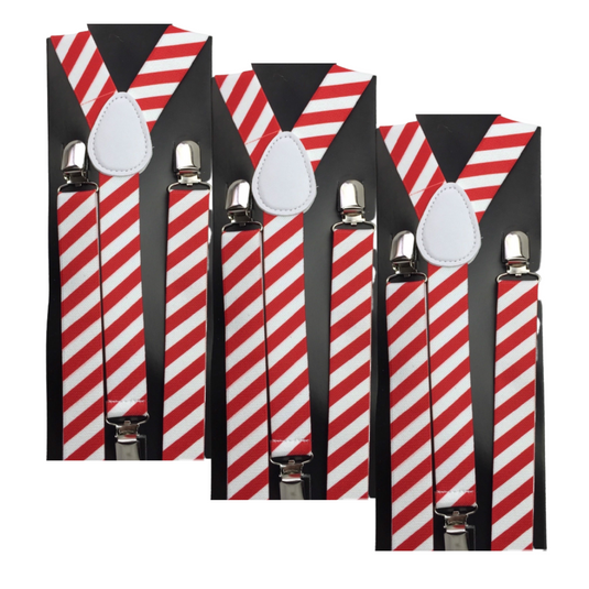 3x Mens Suspenders Braces Adjustable Strong Clip On Elastic Formal Wedding Slim - Red/White Diagonal Stripes-0
