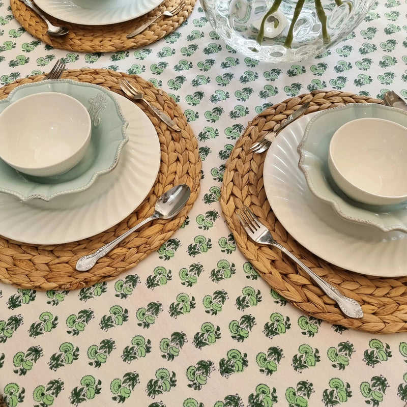 Load image into Gallery viewer, Kolka Rosemary Hand Block-Printed Cotton Tablecloth - Green
