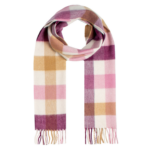 Dents Heritage Plaid Check Cashmere Wool Scarf with Tassels and Gift Box in Aubergine-1
