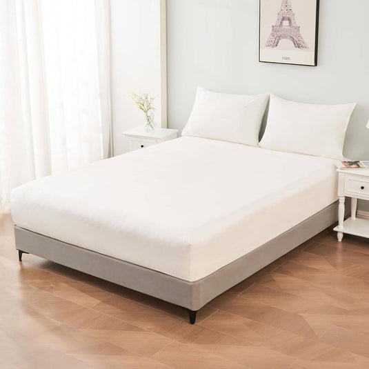 400TC Thread Count Queen 100% Cotton Fitted Bed Sheet & 2 Pillow Case Set in White-1