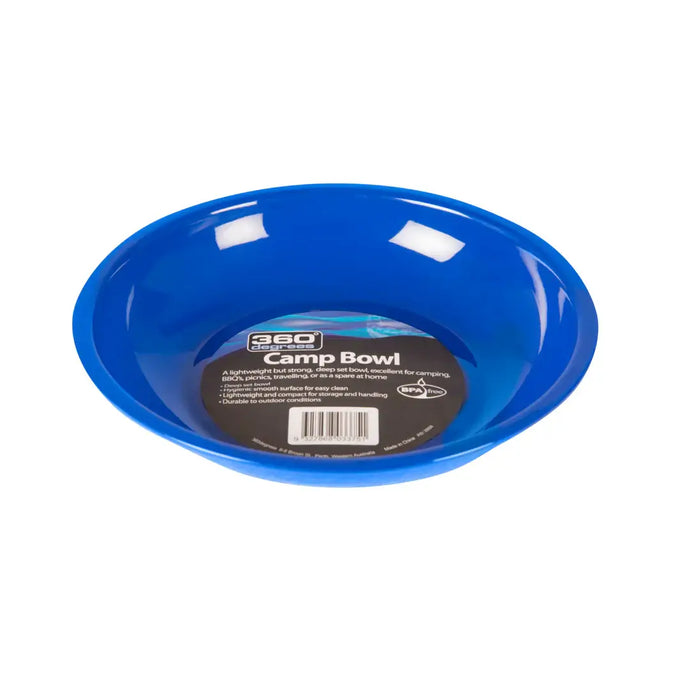 Blue polypropylene 360 Degrees Camp Bowl, lightweight and durable for camping, BBQs, or picnics. Microwave and dishwasher safe.