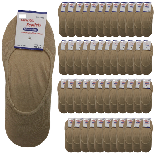 48x NO SHOW COTTON SOCKS Non Slip Heel Grip Low Cut Invisible Footlet Seamless - Beige-1