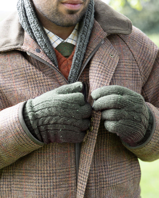 Dents Mens Touchscreen Cable Knit Gloves Wool Blend w/ Marl Yarn in Olive-2