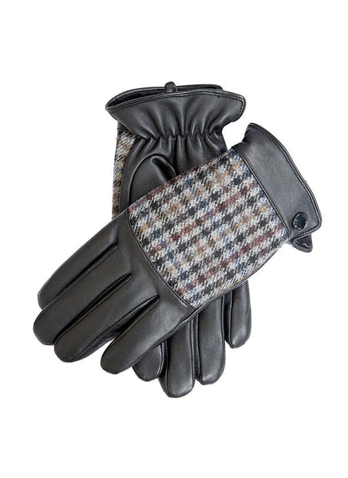 Dents Mens Faux Fur Lined Abraham Moon Dogtooth & Leather Gloves - Black/Slate-0