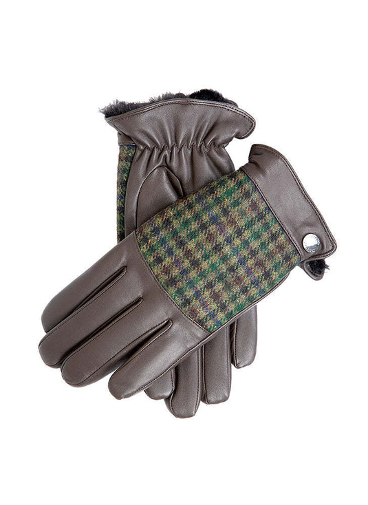 Dents Mens Faux Fur Abraham Moon Dogtooth & Leather Gloves - Brown/Forest/Green-1
