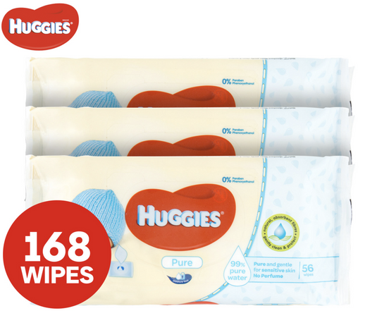 3x Huggies Pk56 Baby Wipes Pure Unscented Sticky Top (168 Wipes Total)-0
