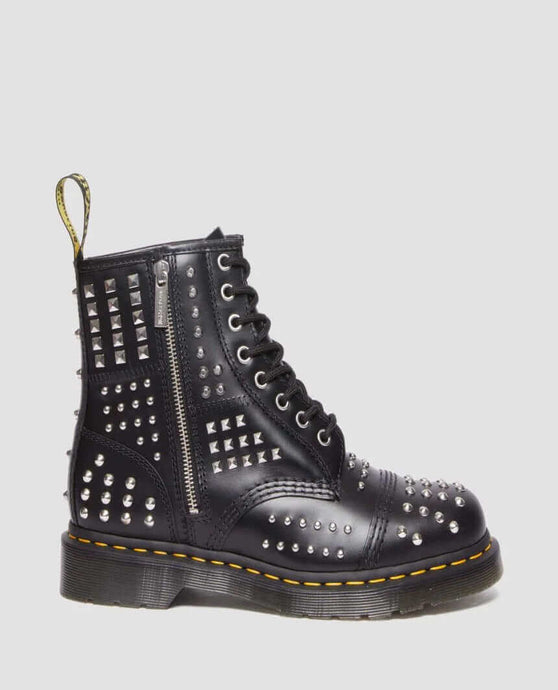 Dr. Martens 1460 Studded Zip Atlas Leather Lace Up Boots Shoes - Black | Adventureco