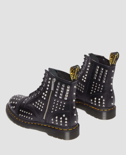 Dr. Martens 1460 Studded Zip Atlas Leather Lace Up Boots Shoes - Black