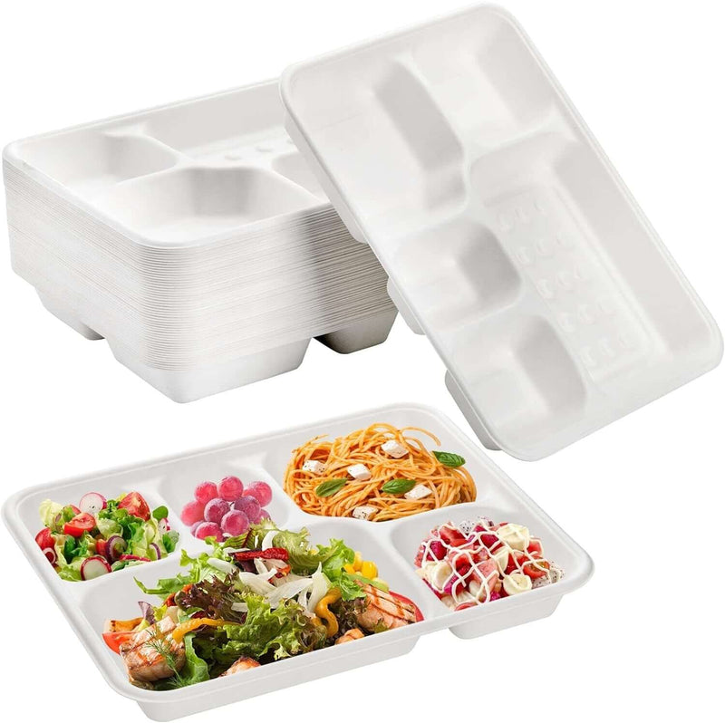 Load image into Gallery viewer, 240pcs Sugarcane Bagasse 5 Deep Compartment Lunch Paper Tray Plates 28x22cm Bulk
