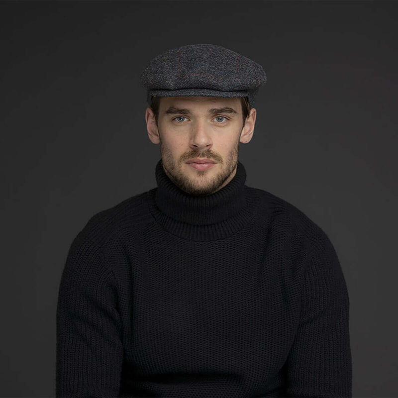 Load image into Gallery viewer, Bailey Mens Lord Windowpane Wool Ivy Flat Cap Hat Made in Italy - Charcoal
