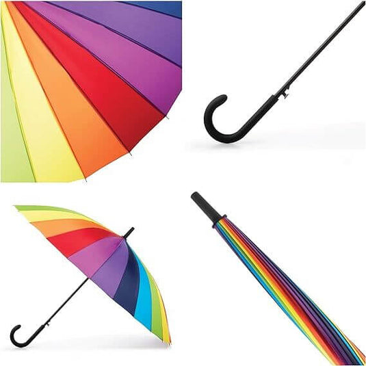 120cm Diameter RAINBOW UMBRELLA Rain Sun Colourful Parasol Long Shaft - Curved