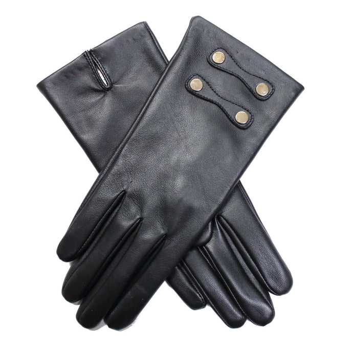 Dents Womens Leather Gloves with Gold Buttons - Black