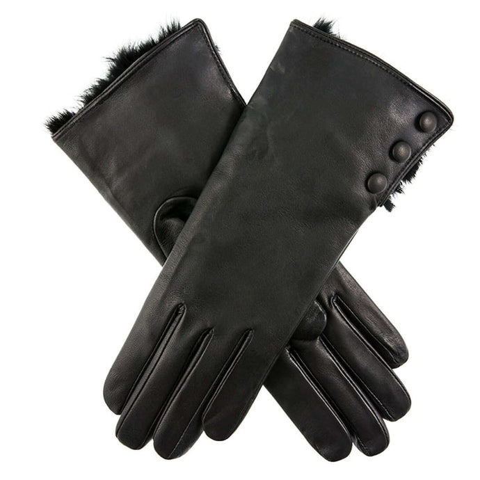 DENTS Sophie Womens Leather Gloves w Rabbit Fur Cuffs Wool