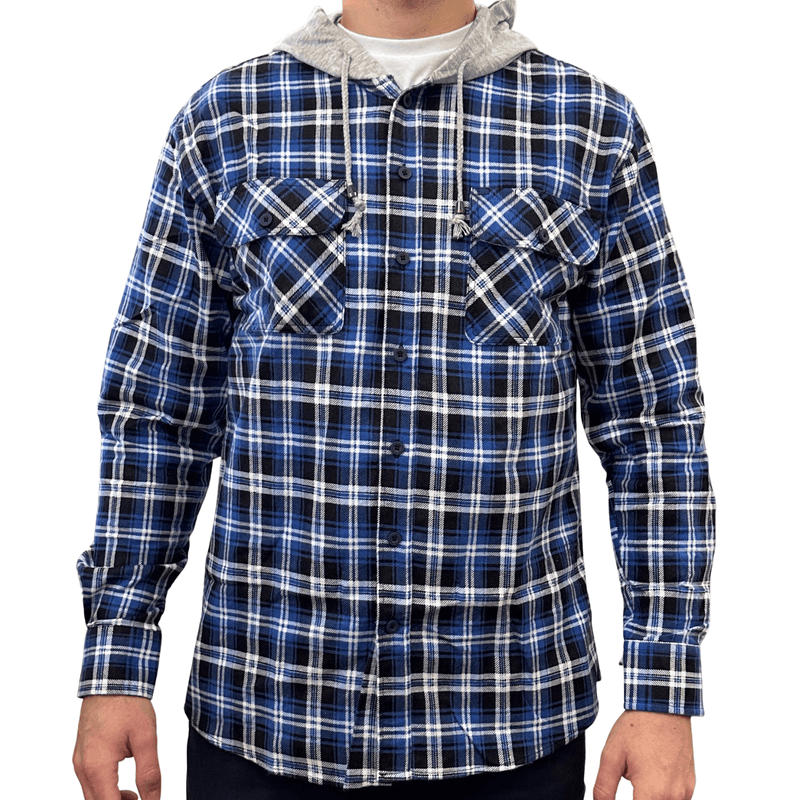 Load image into Gallery viewer, Mens Cotton Flannelette Shirt w Jersey Hood Long Sleeve Flannel - Denim
