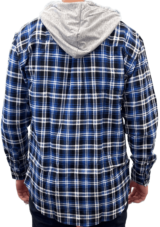 Mens Cotton Flannelette Shirt w Jersey Hood Long Sleeve Flannel - Denim