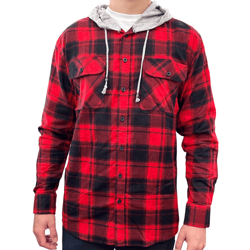 Load image into Gallery viewer, Mens Cotton Flannelette Shirt w Jersey Hood Long Sleeve Flannel - Red
