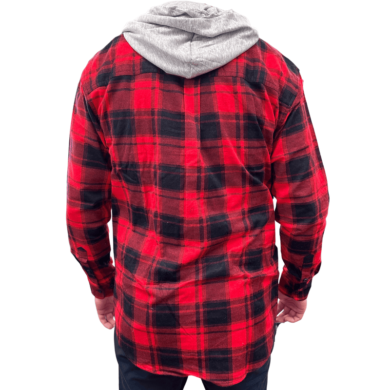 Load image into Gallery viewer, Mens Cotton Flannelette Shirt w Jersey Hood Long Sleeve Flannel - Red
