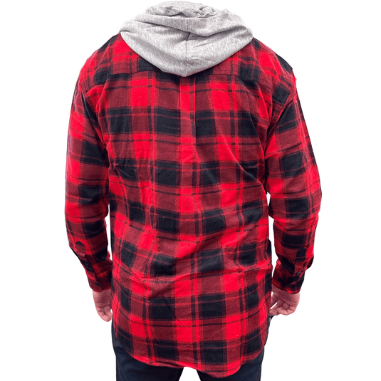 Mens Cotton Flannelette Shirt w Jersey Hood Long Sleeve Flannel - Red