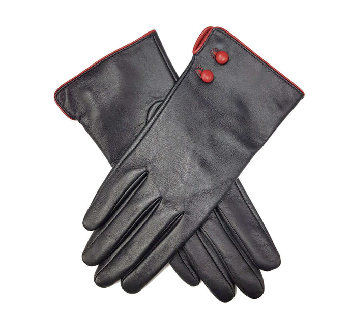 Leather Gloves with Contrast Buttons and Cuff - Black/Red