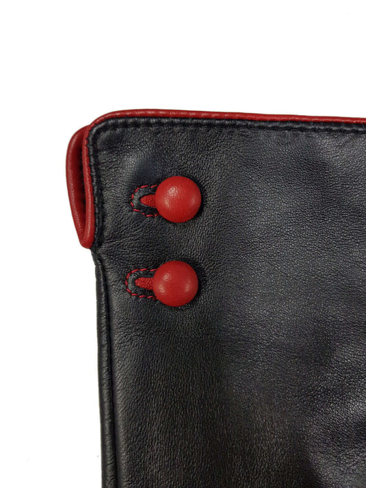 Leather Gloves with Contrast Buttons and Cuff - Black/Red