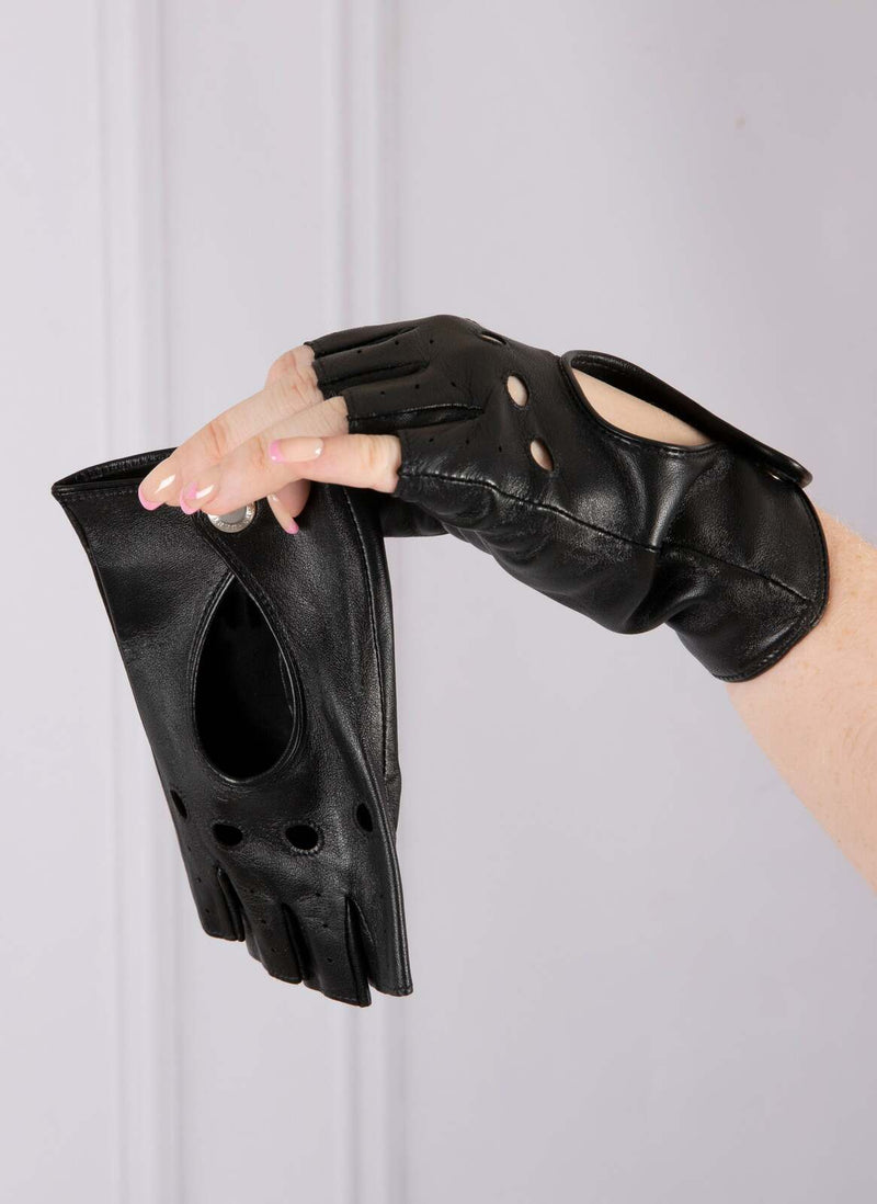 Load image into Gallery viewer, Dents Women’s Leather Fingerless Keyhole Driving Gloves - Black
