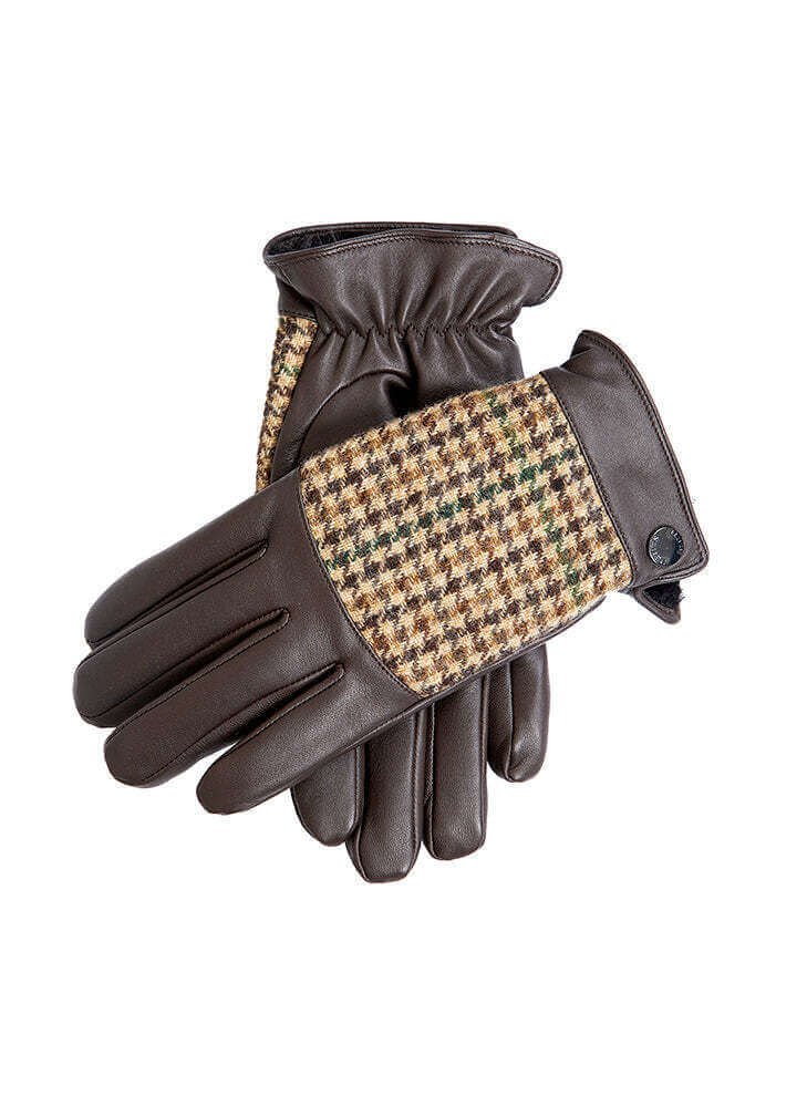 Load image into Gallery viewer, Dents Mens Faux Fur Lined Abraham Moon Dogtooth &amp; Leather Gloves - Brown

