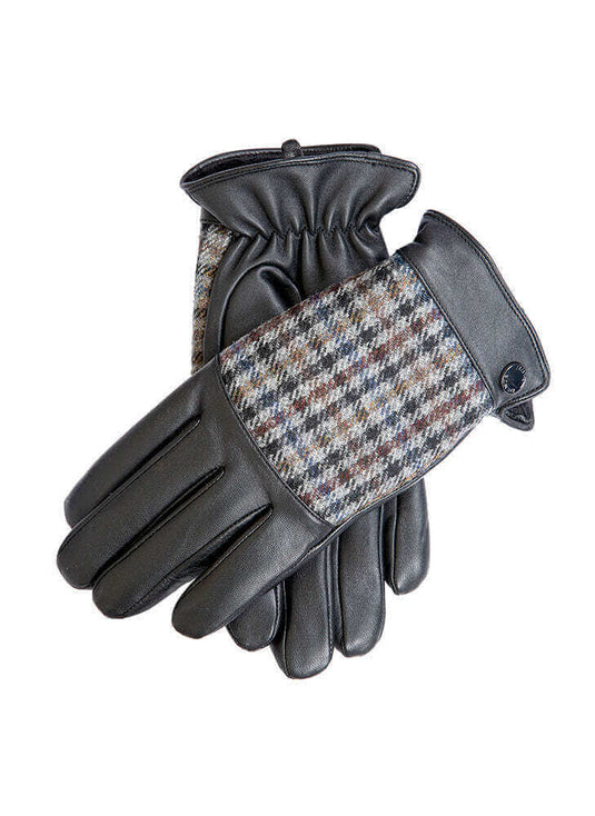 Dents Mens Faux Fur Lined Abraham Moon Dogtooth & Leather Gloves - Black/Slate