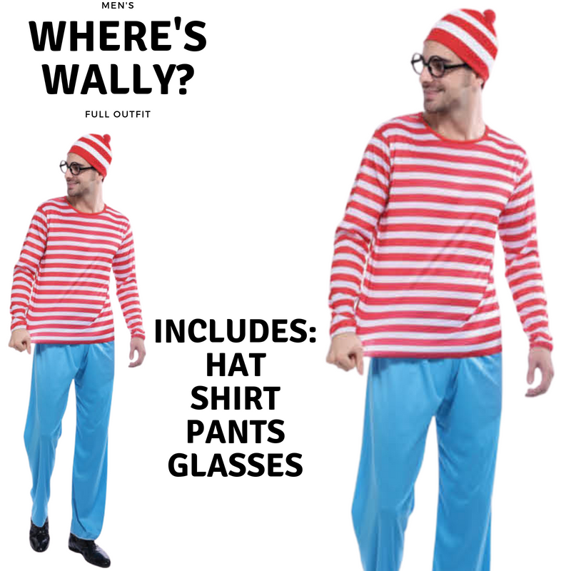 Load image into Gallery viewer, Mens Wheres Wally COSTUME FULL SET Party Hat Shirt Top Pants Book Week
