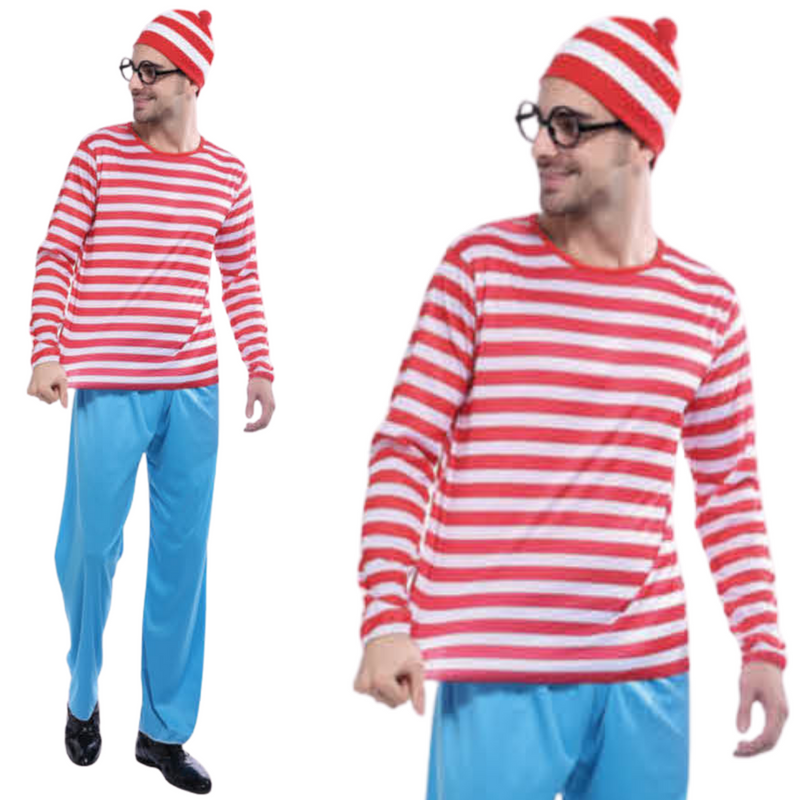 Load image into Gallery viewer, Mens Wheres Wally COSTUME FULL SET Party Hat Shirt Top Pants Book Week
