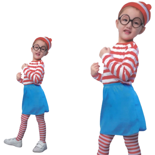 Load image into Gallery viewer, Kids Wheres Wally COSTUME FULL SET Party Hat Shirt Top Pants Girls Book Week
