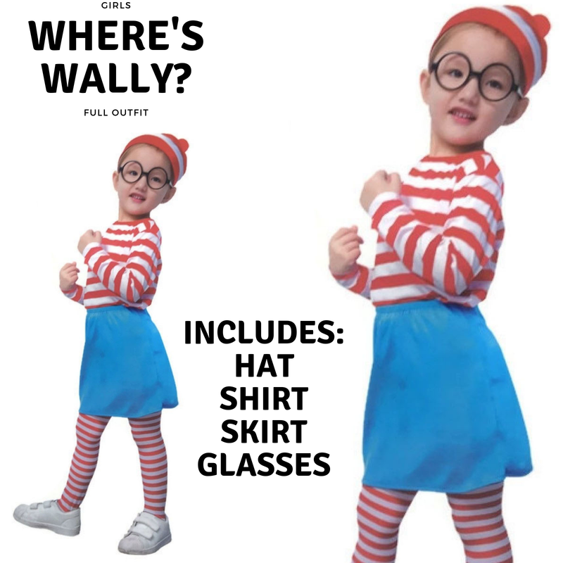 Load image into Gallery viewer, Kids Wheres Wally COSTUME FULL SET Party Hat Shirt Top Pants Girls Book Week
