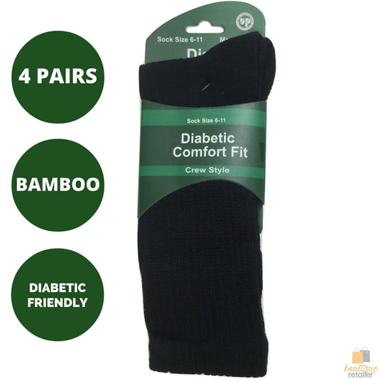 4 Pairs DIABETIC BAMBOO Socks Work Socks Medical Loose Top Crew Cushion BLACK