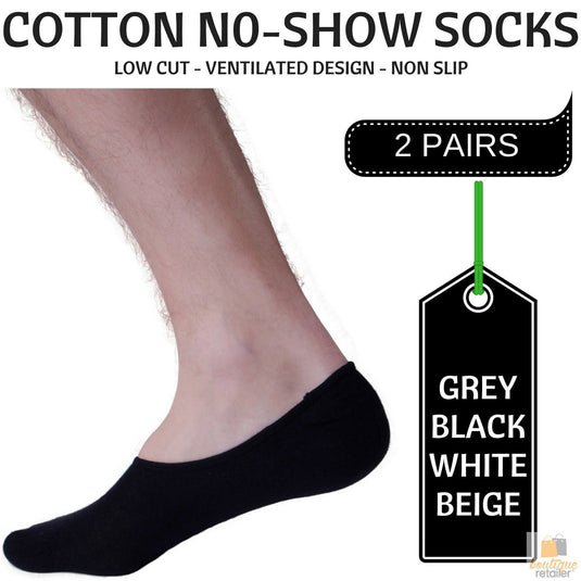 2x NO SHOW COTTON SOCKS Non Slip Heel Grip Low Cut Invisible Footlet Seamless