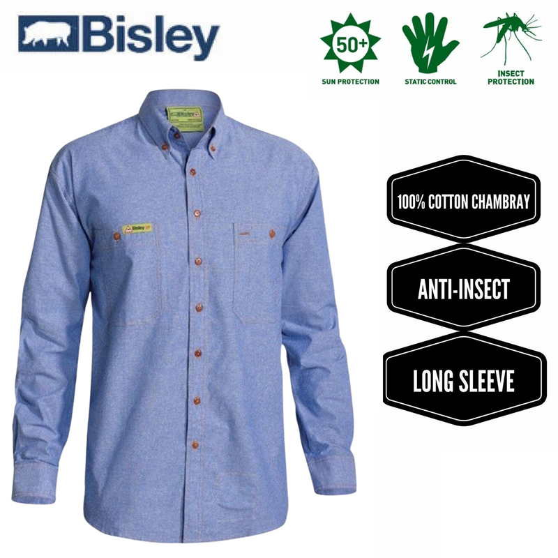 Load image into Gallery viewer, BISLEY Insect Protection Repellent Long Sleeve Casual Shirt Fishing Camping - Blue
